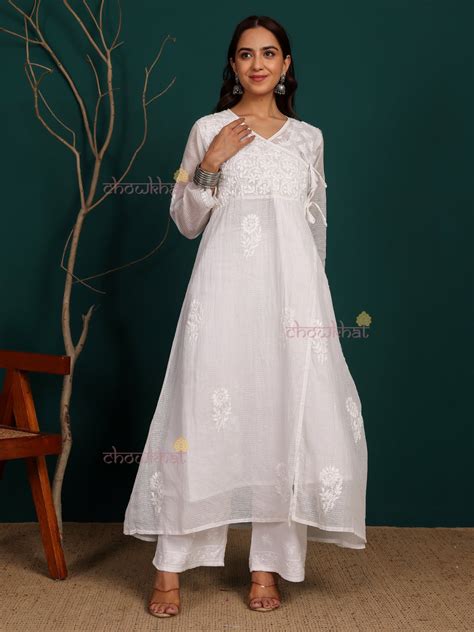 Ziva Angrakha Kota Doria Hand Embroidered Chikankari Kurti with Matchi