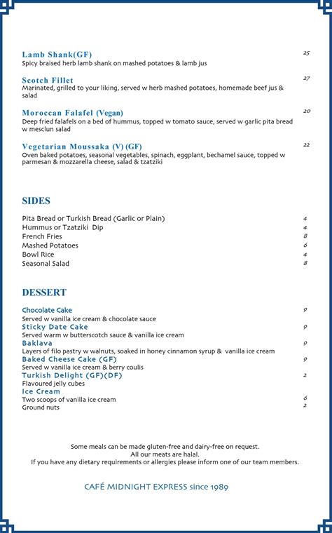 Menu at Cafe Midnight Express, Auckland