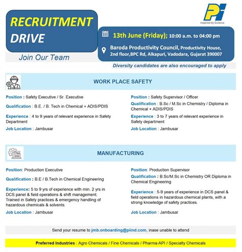 Pi industries Ltd Job vacancy for Safety and Production Department ...