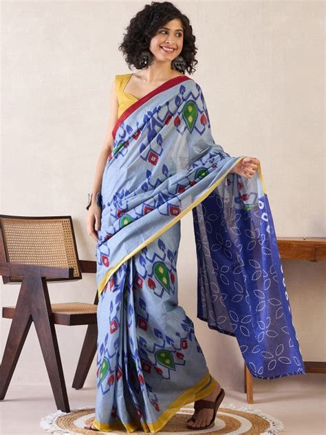 Ethnic Motifs Poly Cotton Ready To Wear Ikat Saree – oursaree9