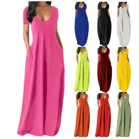 LIZAKOSHT - Women Maxi Dress Summer Casual V-neck Solid Long Dress Fas ...