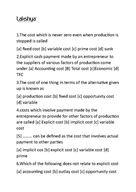 Cos 1 types of cost - Notes - 1 cost which is never zero even when ...