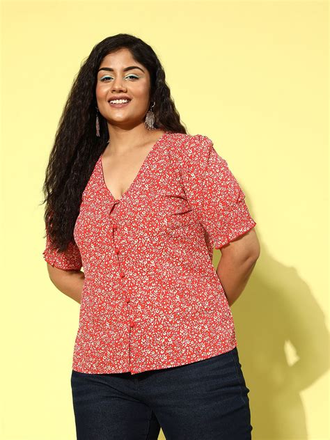 Women Plus Size Red & White Ditsy Floral Printed V-Neck Puff Sleeve ...
