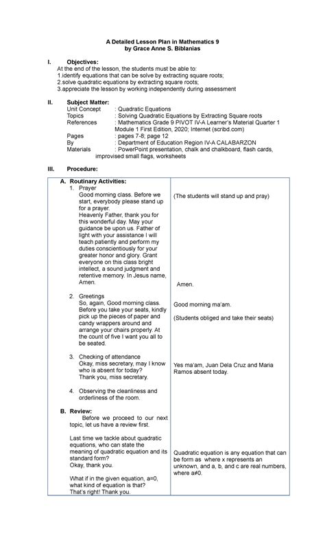 A Detailed Lesson Plan in Mathematics 9 Quadratic Equation - Solving Quadratic Equations by ...