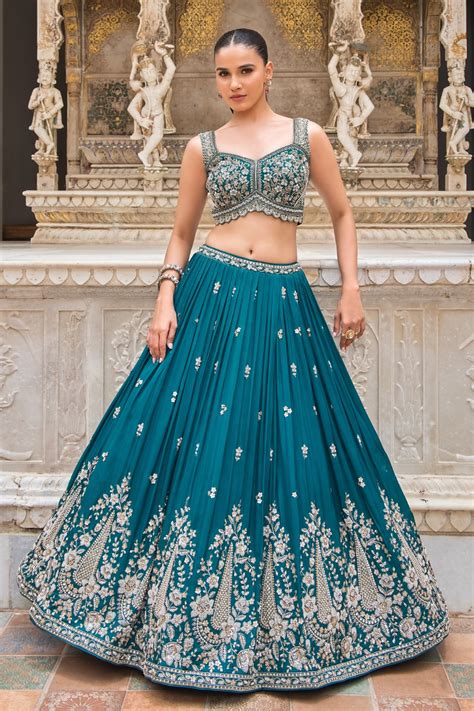 Peacock Blue Silk Lehenga Set with Sequins and Moti Work