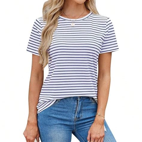 LilyCoco Women's Short Sleeve Striped Shirt Summer Crewneck T Shirt ...
