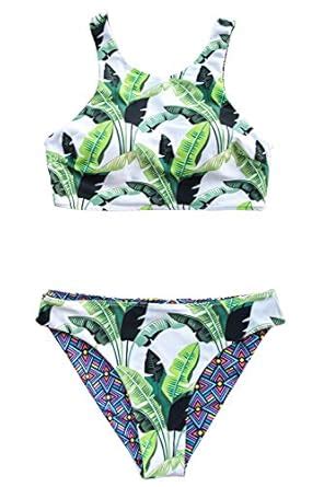 Buy SEASELFIE Women's Tropical Forests Pattern High Neck Push Up ...