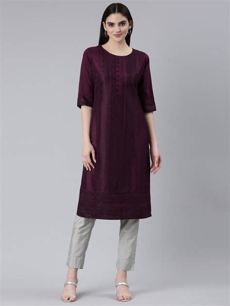 Neeru's Purple Regular Straight Woven Design Kurtas – Neerus India