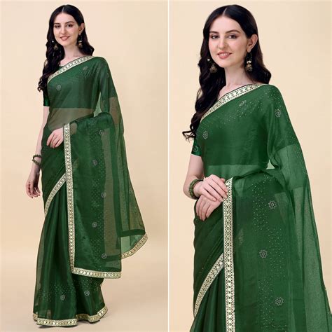 Green Swarovski With Sequins Embroidered Chiffon Saree