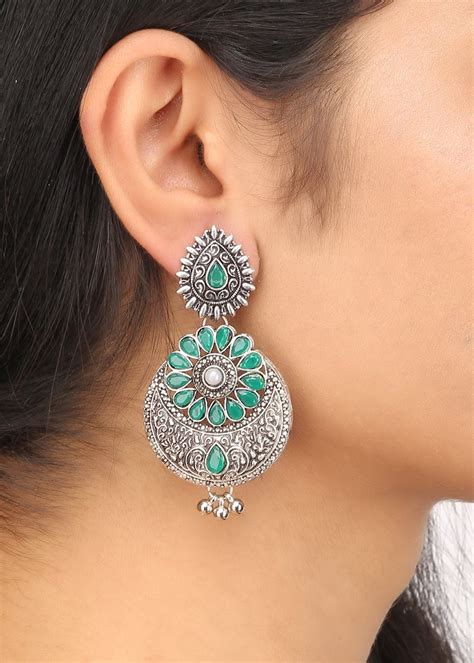 Get Green Stone Detail Chandbali Drop Earrings at ₹ 760 | LBB Shop
