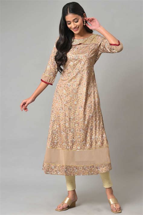 Buy Beige Foil Printed A-Line Liva kurta Online for Woman | Shop for ...