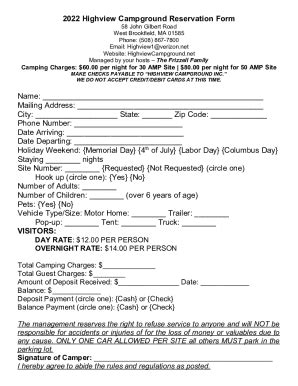 Fillable Online 2022 Highview Campground Reservation Form Fax Email ...