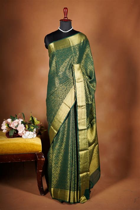 Forest Green Brocade Georgette Saree | Gold Zari Full Weave & Pallu ...