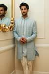 Buy Blue Raw Silk Embroidered Resham And Beadwork Sherwani Set For Men ...