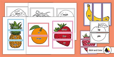 Kindergarten How Many Syllables? Fruits and Vegetables Word Puzzles