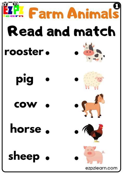 Farm Animals Read and Match Worksheet for Kindergarten or ESL Students ...