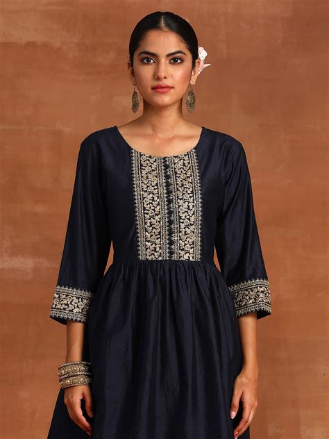 Indo Era Navy Blue Embroidered A-line Kurta Sharara With Dupatta Set ...