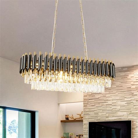 AFANQI 31.5" Modern Black Gold Crystal Chandelier Dining Ceiling Light ...