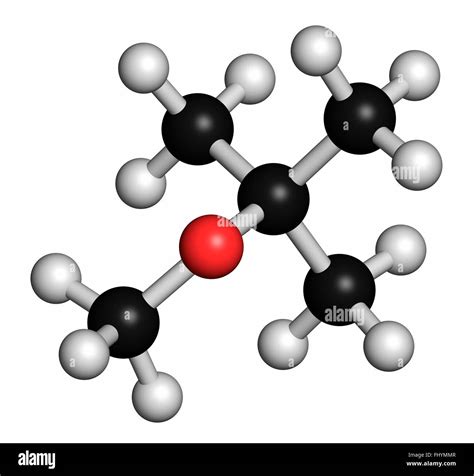 Methyl tert-butyl ether (MTBE, tBME) gasoline additive molecule Atoms ...
