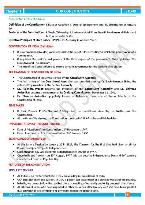 CH-1 OUR Constitution ( Notes Final) - SCOPE OF THE SYLLABUS Definition ...