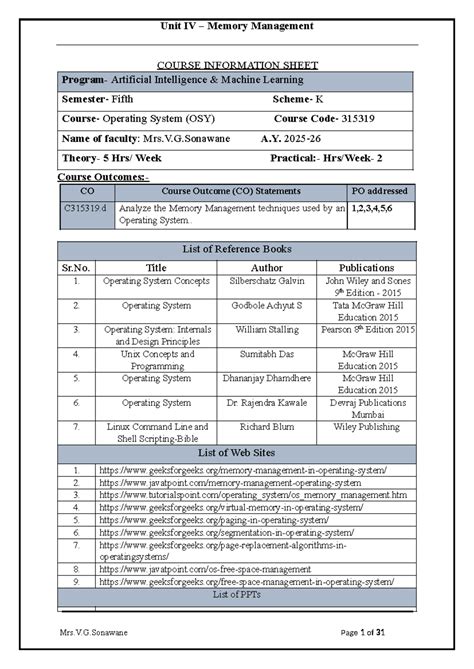 Unit IV: Memory Management Techniques in Operating Systems (OSY 315319 ...