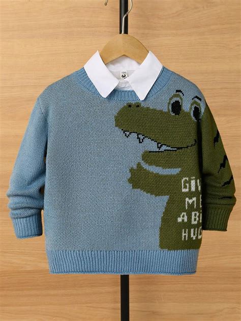 Kids Young Boy Green Cartoon Animal Pattern Round Neck Warm Knit Cute ...