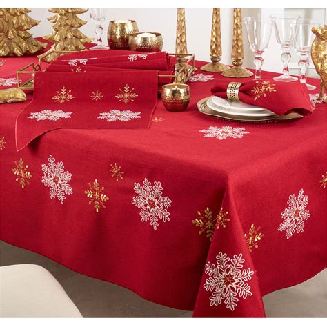 Holiday Snowflakes Red Embroidered Table Linens