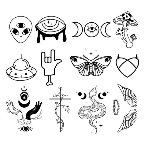 Mystical symbols set with butterfly third eye moon phases snakes vector ...