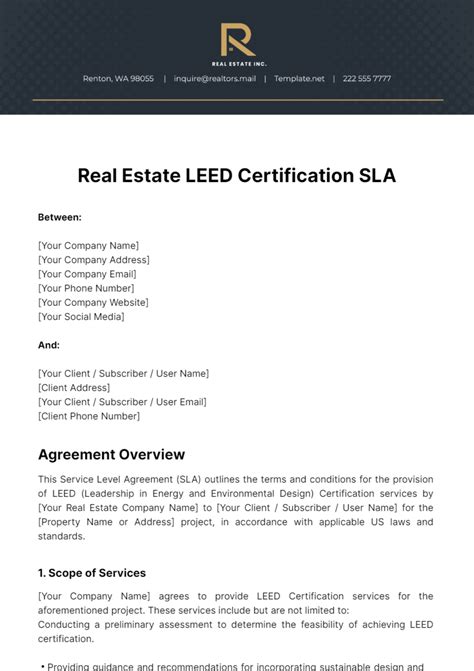 Free Real Estate LEED Certification SLA Template to Edit Online