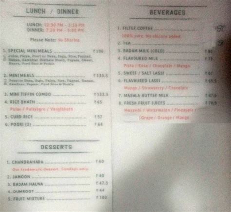 Menu at Mavalli Tiffin Room (MTR), Bengaluru