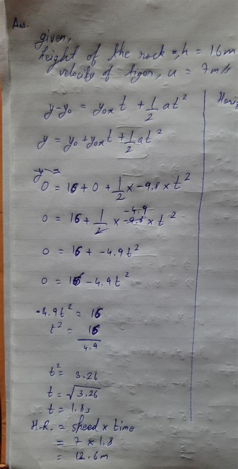 a tiger leaps horizontally from a 16m high rock with a speed of 7m/s ...