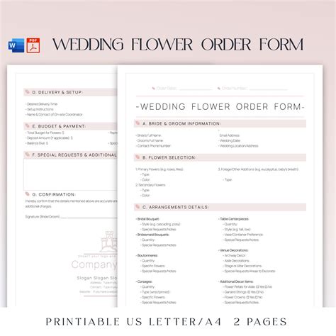 Printable Wedding Flower Order Form, Editable Wedding Floral ...