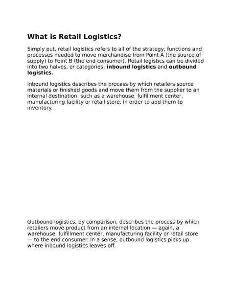Retail logistics - Retail logistics can be divided into two halves, or ...