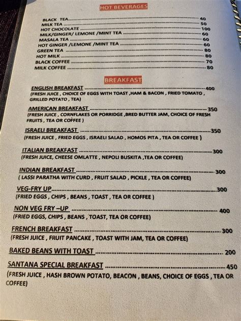Menu at Santana Beach Shack, Arambol, India