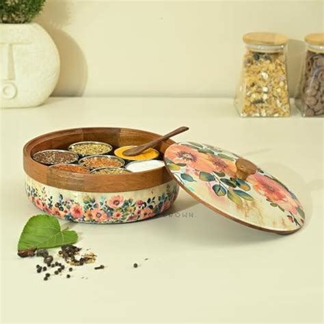 Buy Brick Brown ® Wooden Pastel Flora Enamel Coated Masala Box for ...