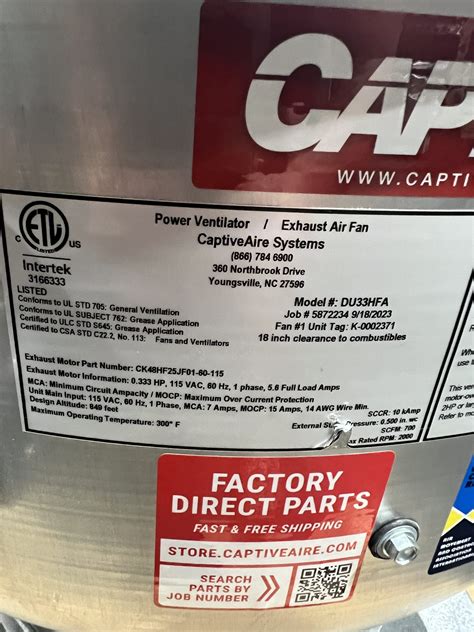 CAPTIVE-AIRE SYSTEMS DU33HFA COMMERCIAL HIGH SPEED UPBLAST EXHAUST FAN ...