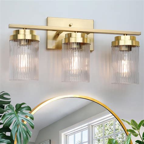 JUNNAI Gold Bathroom Light Fixtures 3 Lights Vanity Light with Grooved ...