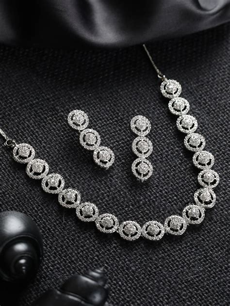 Priyaasi Halo Rings American Diamond Silver-Plated Jewellery Set