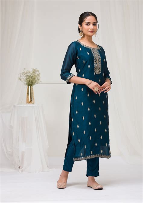 Buy Peacock Blue Sequins Raw Silk Readymade Salwar Suit - Koskii