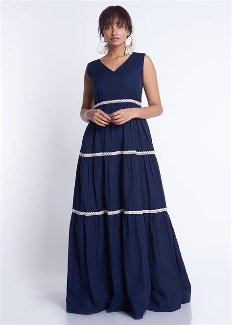 Get Navy V-Neck Full Length Layered Gown at ₹ 2500 | LBB Shop