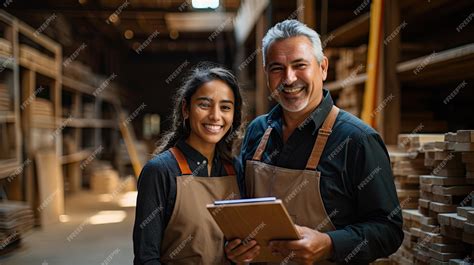 Premium Photo | Two workers happy on new job standing in a woodworking ...