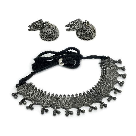 THE STYLE COURTYARD Black Oxidised Slique Ethnic Boho Tribal Necklace ...