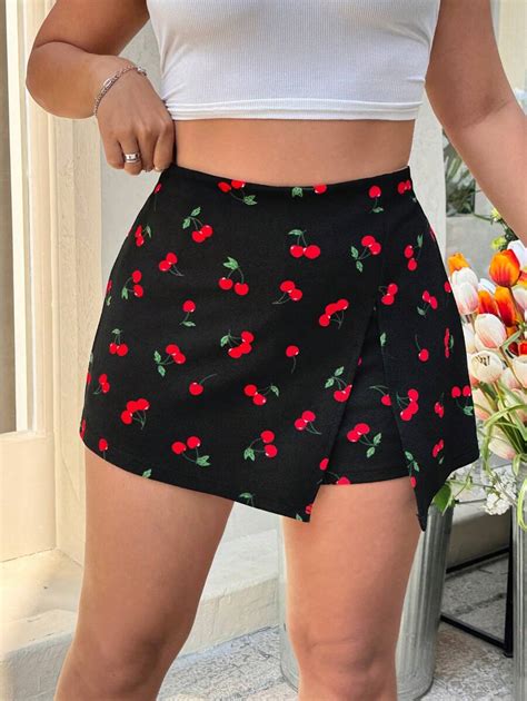 SHEIN EZwear Jupe-short mini asymétrique imprimée cerises pour grandes ...