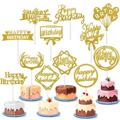 Buy 48 Pieces Glitter Happy Birthday Cake Topper Shining Cake Toppers ...
