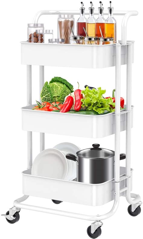 Buy FURNINXS 3 Tier Rolling Cart with Wheels White Metal Utility Cart ...