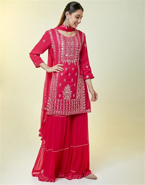 Buy Ruby Red Embellished Gharara Suit Set In Gota Work online – Roopkala