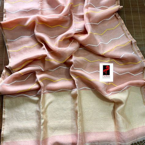 Peach_zari_border_half_half_silk_linen_handwoven_jamdani_saree – Tamal ...