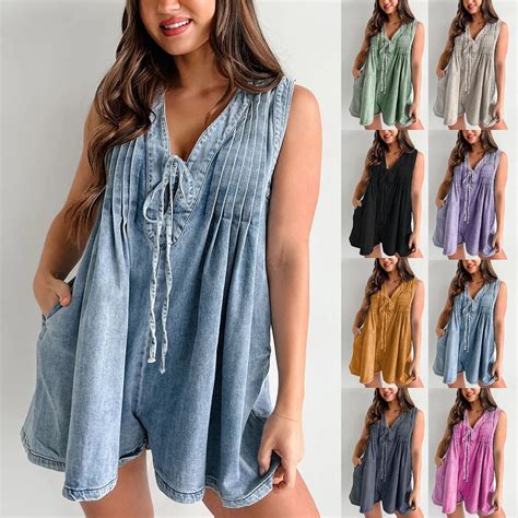 Feancey Womens Denim Romper Shorts Baggy Casual Sleeveless Tie Front ...