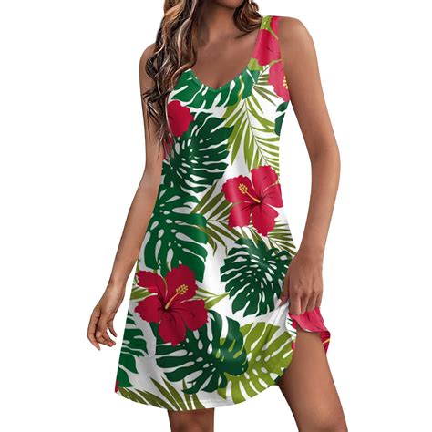 Qwertyu Hawaiian Dresses for Women Sleeveless Palm Tree Tropical Print ...