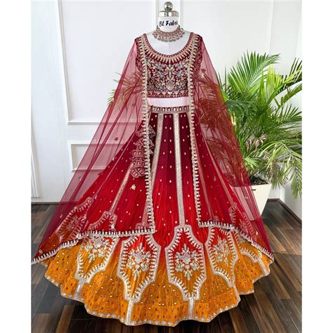 Shadding Red Orange color Sequence Embroidery work Designer Lehenga Ch ...